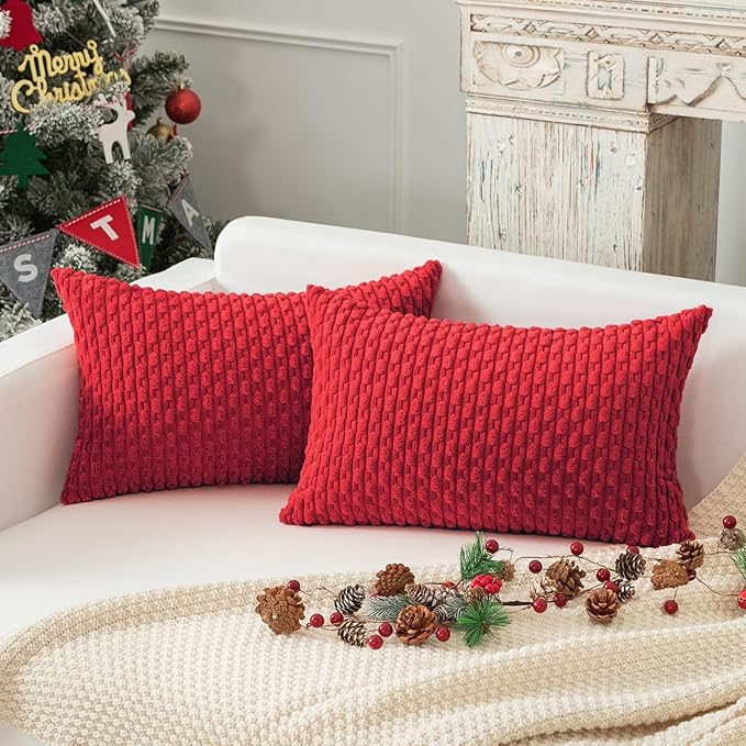 Kevin Textile 12x24 Inch Pillow Cover 1 Pack Boho Christmas Decorative Soft Striped Corduroy Lumbar Farmhouse Color Accent Rectangle Cushion Case for Living Room Couch Sofa Bed, Red