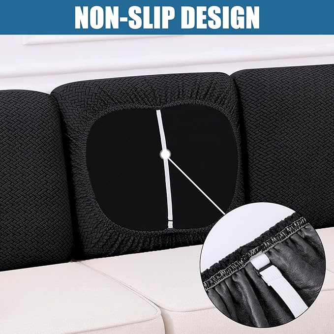Smiry Waterproof Couch Cushion Covers, Stretch Jacquard Thick Sofa Cushion Covers, Washable Seat Slipcover Elastic Furniture Protector for Pets, Kid (Back Cover L, Black)