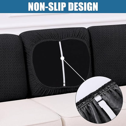 Smiry Waterproof Couch Cushion Covers, Stretch Jacquard Thick Sofa Cushion Covers, Washable Seat Slipcover Elastic Furniture Protector for Pets, Kid (Back Cover L, Black)