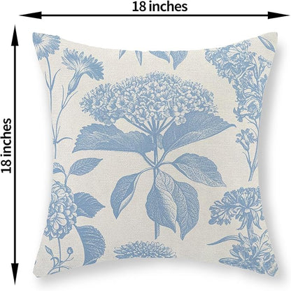 Baby Blue Pillow Covers 18x18 Set of 2 Vintage Boho Floral Hydrangea Herbs Botanical Throw Pillows Outdoor Flower Decoration Pillowcase Linen Farmhouse Cushion Case Decorative for Couch Sofa