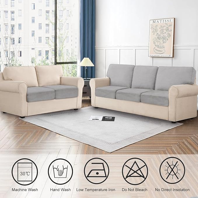 Couch Cushion Cover Velvet 2 Pieces Seat Cushion Cover Stretch LoveSeat Couch Covers Separate Sectional Sofa Slipcovers Furniture Protector (2-Seater or Backrest, Light Grey)