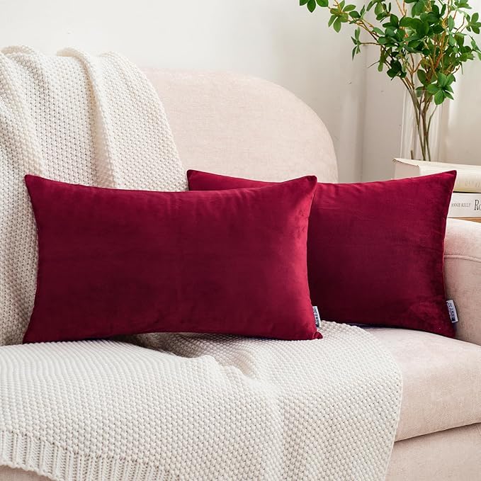 HWY 50 Burgundy Red Velvet Rectangular Throw Pillow Covers 12x20 Inch, Pack of 2 Soft Cozy Solid Decorative Luxury Cushion Cases for Couch Sofa Bed Living Room Bedroom