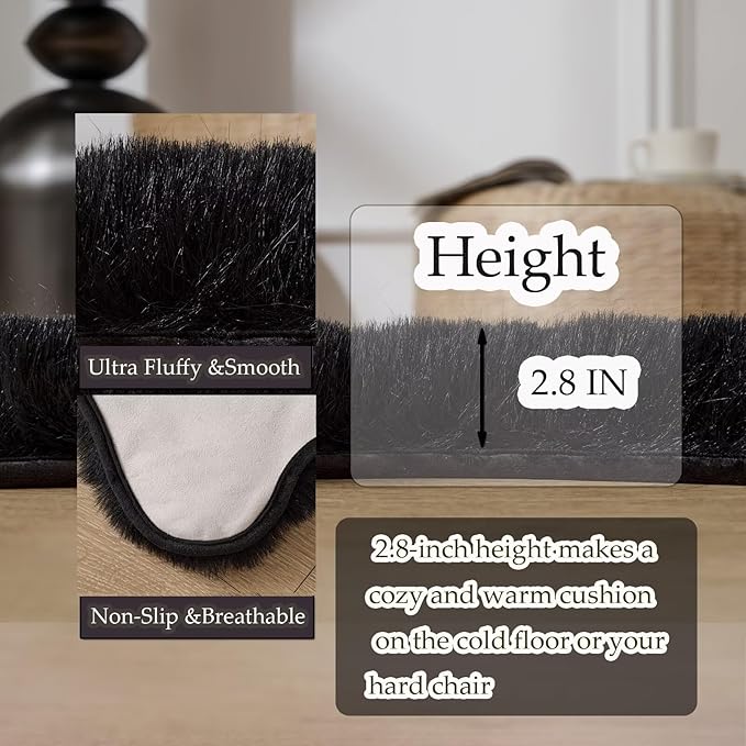 1700GSM Fuzzy Faux Sheepskin Fur Area Rug,Extra Soft Faux Fur Mat,Fluffy Shaggy Fur Rug for Bedroom Living Bedside Rug Room Decor-Black, 2 x 6 ft