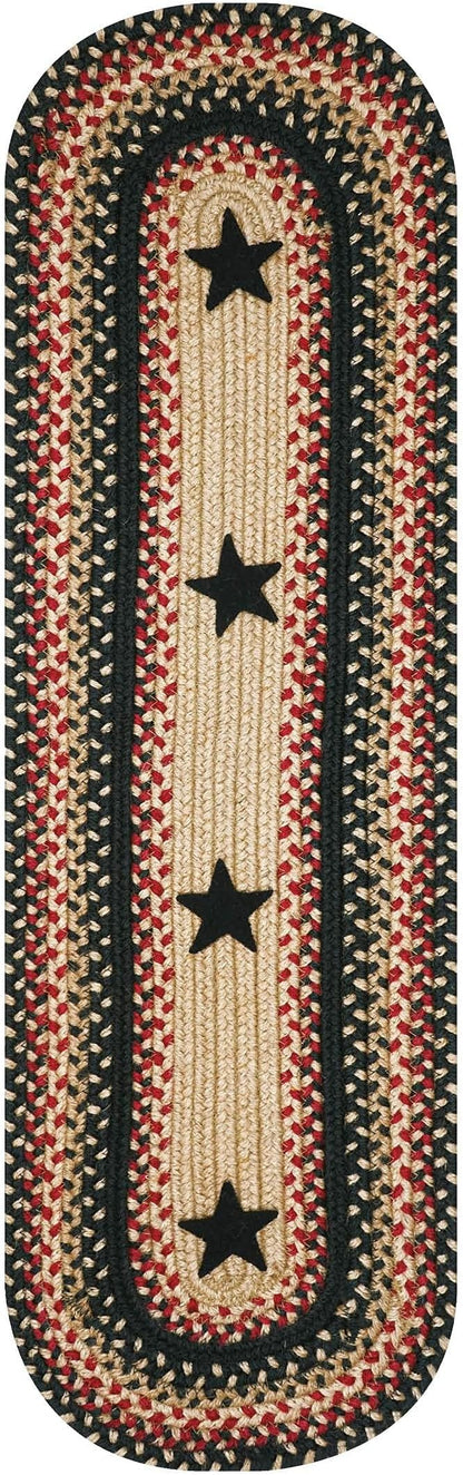 Homespice Primitive Star Gloucester Jute Braided Table Runner, Warm Primitive Decor, Set of 2, Black and Red Oval 8x28 - Rich Colors, Easy to Clean, Durable and Protects Furniture