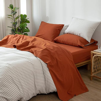 MooMee Bedding Sheet Set 100% Washed Cotton Linen Like Textured Breathable Durable Soft Comfy (Solid Rust Brown, Queen)
