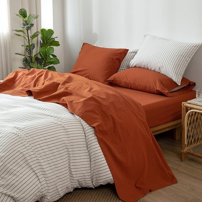 MooMee Bedding Sheet Set 100% Washed Cotton Linen Like Textured Breathable Durable Soft Comfy (Solid Rust Brown, King)