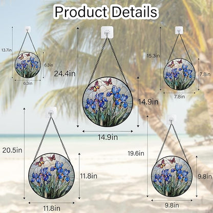 DASTOLL Stained Glass Window Hanging, Blue Iris Flowers Butterfly Suncatcher Diamond Colorful Glass Panel Sun Catchers Decor for Birthday for Women, Men, Wife, Aunt, and Mom 15x15 in