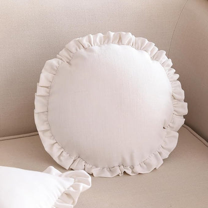 ISAENNE Classic White Round Throw Pillow Cover Diameter 16", Solid Color Cottage Linen Cotton Decoration Pillow Cover with Ruffles, Sturdy Throw Pillow Case for Couch Sofa Bed Living Room