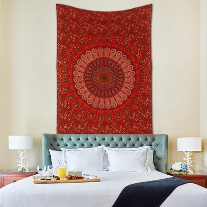 raajsee Red Tapestry- Best Mandala Wall Hanging- Bedding Tapestry For Bedroom Aesthetic-Size TWIN 140 X 210 CMS