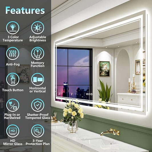 88x38 Inch LED Bathroom Mirror with Lights, Backlit & Front Lit, Anti-Fog Lighted Vanity Mirrors for Bathroom Wall, Dimmable, 3 Color Temperatures, Memory, Shatter-Proof, HD Tempered Glass