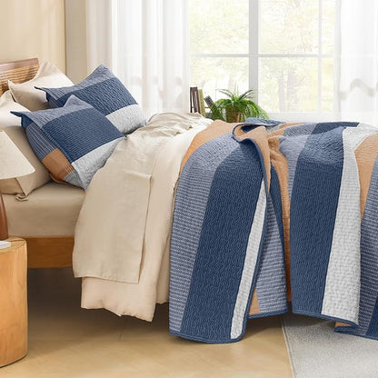 Litanika California King Quilt Set BlueO,Stripe Patchwork Summer Bedspread Coverlet, Soft Lightweight Microfiber Quilt Bedding Set for All Season(1 Quilt, 2 Pillowcases)
