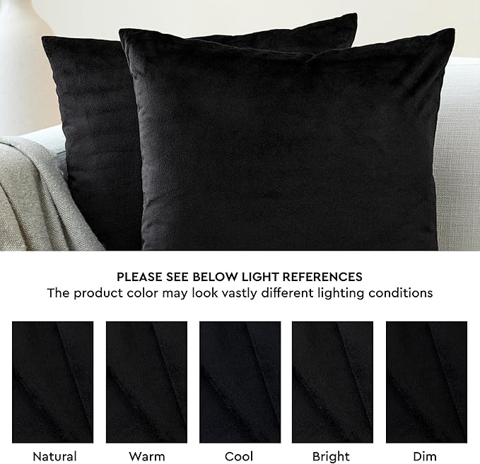 Encasa XO Velvet Throw Pillow Covers 18x18 in (45x45 cm) - Black - No Inserts, Pack of 2 Cases | Solid Plain Dyed Soft & Smooth, Square Decorative Cushion Covers for Living & Bedroom