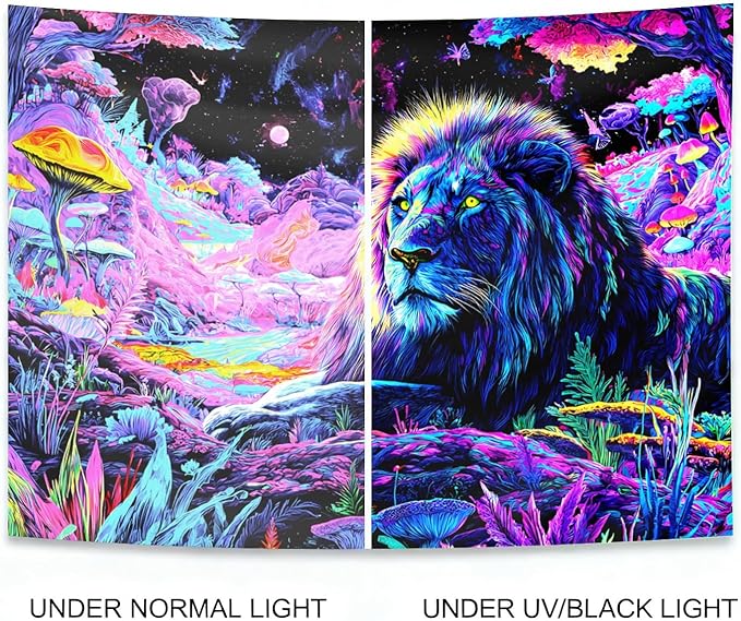 seewan Black Light Lion Tapestry, Colorful Abstract Beast Art Tapestry, Glow-in-the-Dark UV-Reactive Black Light Standing Tapestry, Starry Sky Wall Hanging, Bedroom Dorm Living Room Background Decor