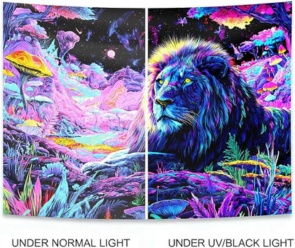 seewan Black Light Lion Tapestry, Colorful Abstract Beast Art Tapestry, Glow-in-the-Dark UV-Reactive Black Light Standing Tapestry, Starry Sky Wall Hanging, Bedroom Dorm Living Room Background Decor