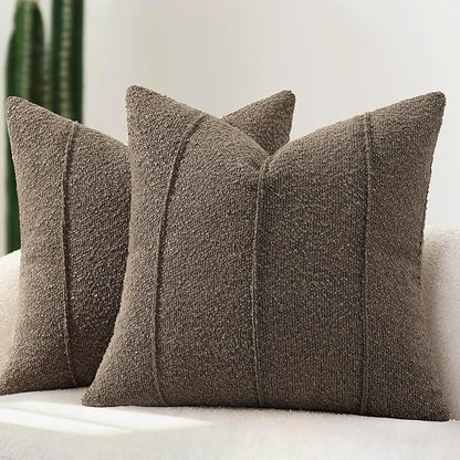 YCOLL Textured Boucle Throw Pillow Covers 24x24 Pack of 2 - Soft Neutral Striped Cushion Covers, Cozy Accent Decorative Pillow Covers for Couch, Sofa, Bed, Living Room (Brown)
