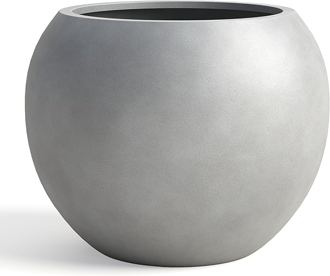 DTY Signature Mount Sherman Modern Indoor Outdoor Fiberstone Sphere Planter, Durable Round Garden Pot, Weather Resistant, Drainage Hole & Rubber Plug - Small, Gray