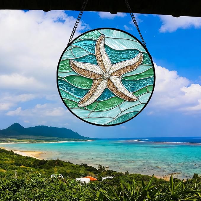 Stained Glass Window Hanging Teal Sea Waves Starfish Large 11.8" - Suncatcher Door Garden Sun Catcher Home Decor Birthday Mother's Day for Mom Men Woman Parents Her Child Nana