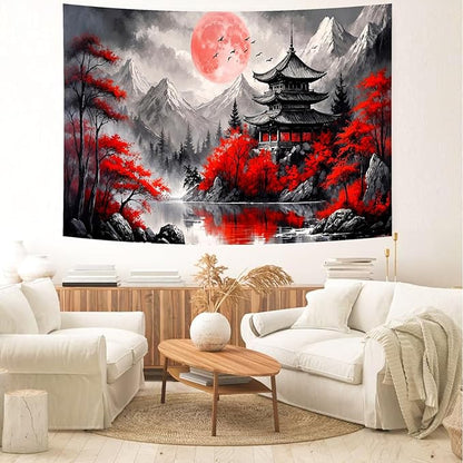 Delur Japanese Forest Tapestry Anime Red and Black Mountain Vintage Moon Nature Tapestry Wall Hanging Tree Sunset Landscape Cherry Blossom Headboard for Bedroom Living Room Home Decor (51.2" x 59.1")