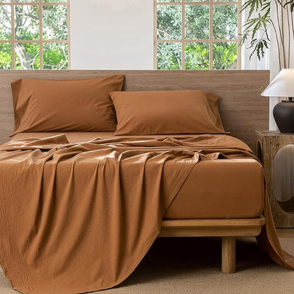 MooMee Bedding Sheet Set 100% Washed Cotton Linen Like Textured Breathable Durable Soft Comfy (Solid Dark Orange, King)