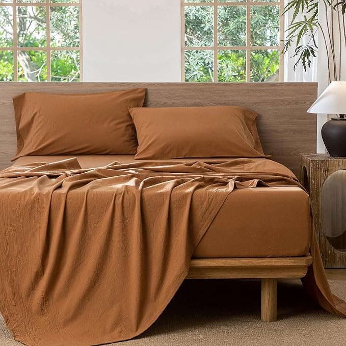 MooMee Bedding Sheet Set 100% Washed Cotton Linen Like Textured Breathable Durable Soft Comfy (Solid Dark Orange, Full)