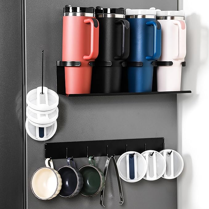 Magnetic Cup Holder for Fridge with 6 Storage Hooks and Tumbler Lid Organizer - Fits 20/30/40 oz Tumblers (Stanley, Owala, Yeti) Strong Magnetic Design - Kitchen Water Bottle Storage Rack