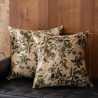Velvet Floral Print Throw Pillow Covers Set of 2, Superior Soft Decorative Pillow Cases with Luxurious Silky Textured Vintage Cushion Covers for Home Decor Couch Sofa Bed(Champagne, 20x20)