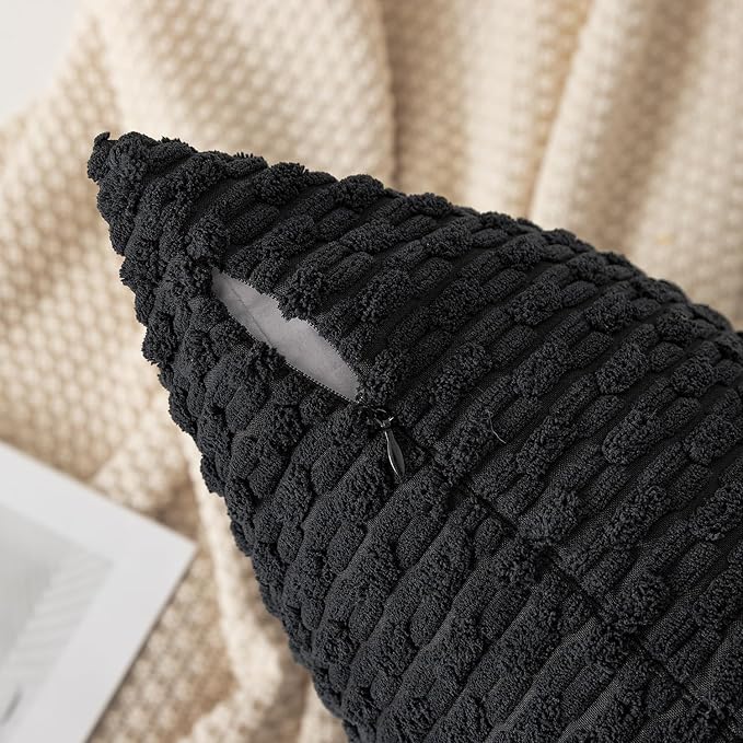 Kevin Textile Decorative Throw Pillow Covers Corduroy Square Cushion Cover with Stripes Cases for Bedroom Sofa Living Room Couch Set of 2 18x18 Inch Black