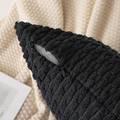 Kevin Textile Set of 2 Decorative Pillow Cover Solid Striped Corduroy Plush Velvet Cushion Cover for Couch 50cm 20 x 20 Inch Black