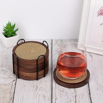 Mckanti 6 Pack Wood Coasters for Drinks with Cotton Coasters Insert, Wooden Coasters with Holder for Coffee Table Decor, Absorbent Coasters for Kinds of Cups, 4.3 Inches