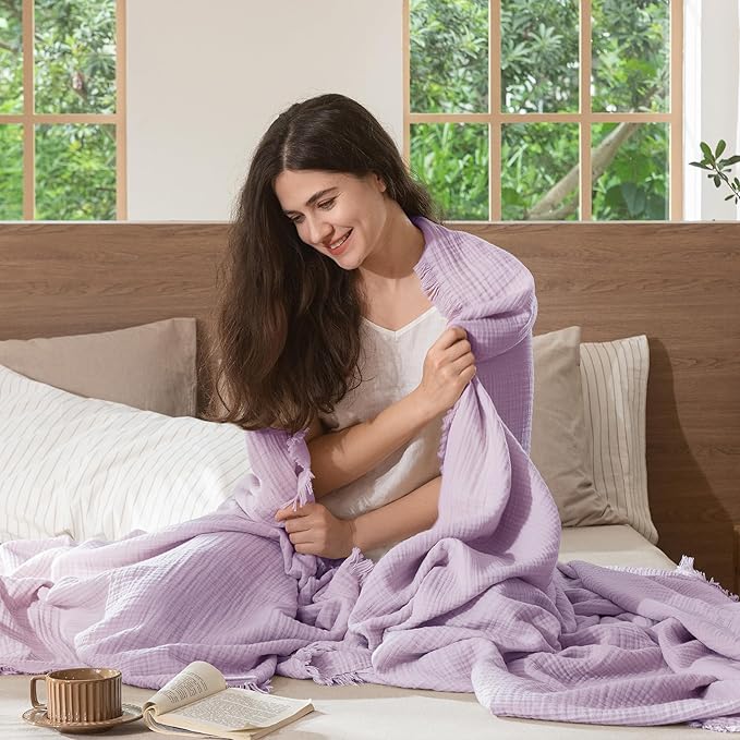 MooMee Muslin Blanket - 100% Cotton 4-Layer Gauze Throw Blanket with Tassels Ultra-Soft Breathable Lightweight Cooling for Bed Couch (Light Purple,Oversize Queen 98" x 98")