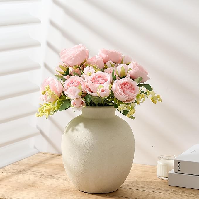 SIDUCAL Ceramic Decorative Flower Vase | 7.48 Inch Pottery Rustic Farmhouse Boho Vase for Home Decor, Table, Living Room, Bathroom, Coffee Desk, Shelf, Mantel Decoration, Wedding, White