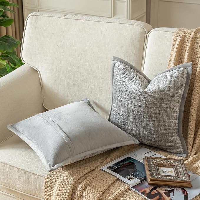 Yaertun Pack of 2 Chenille Textured Decorative Throw Pillow Covers Accent Solid Cushion Cover Soft Cozy Pillow Case with Velvet Back for Couch Sofa Bed Living Room 16x24 Inch Light Grey