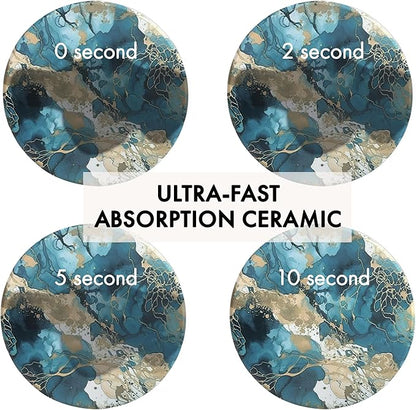 Ceramic Absorbent Coasters Set of 6 with Holder, Marble Drink Coasters for Coffee Table, Water Absorbing Coaster (Teal)