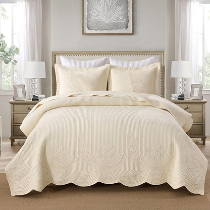MarCielo 100% Cotton Quilt Set Lightweight Bedspread with Scalloped Edge, Farmhouse Vintage Bedding, All Season Use(Tu Beige,Queen (96"x102"))
