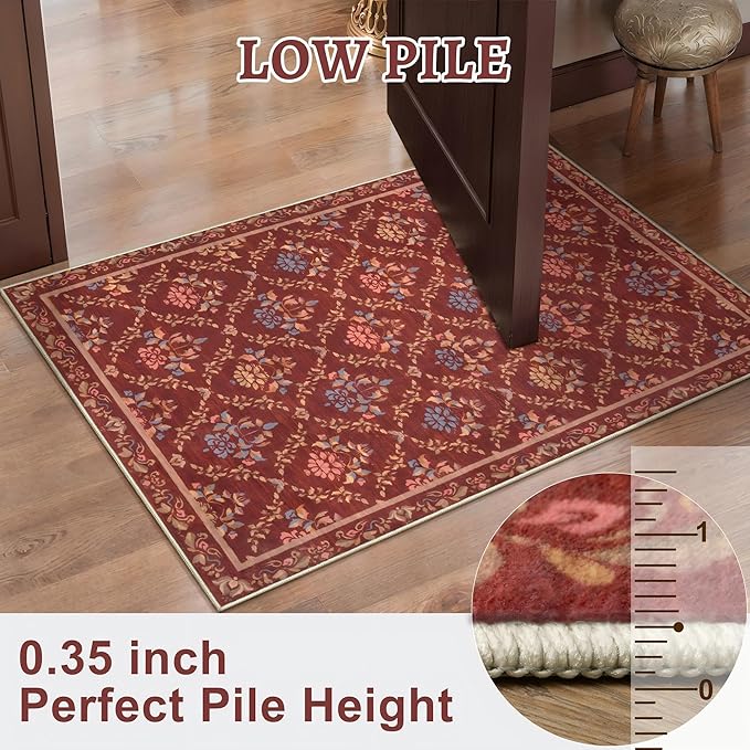 Tangsoo 2x6 Washable Runner Rug for Hallways, Non Slip Red Floral Carpet Runner, Soft Low Pile Floor Carpet Runner for Kitchen, Laundry, Bedroom, Bathroom, Living Room Home Decor