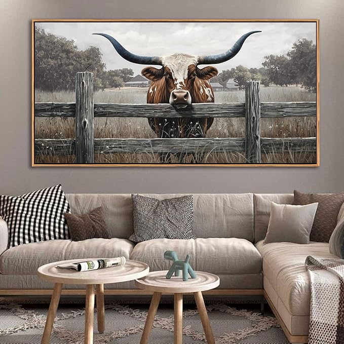 Highland Cow Wall Art - Rustic Farmhouse Wall Art for Country Wall Decor, Vintage Artwork for Walls, Framed Pictures for Living Room, Large Canvas painting for Bedroom Above Bed 29×58IN