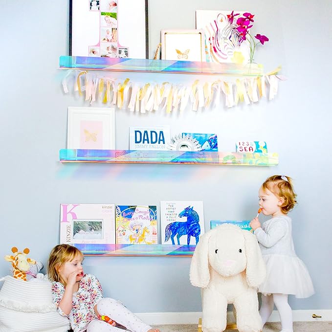 24 inches Iridescent Acrylic Bookshelf for Kids, Wall Mounted Kids Display Book Shelves for Room Nursery Toddler Classroom (2 Packs)