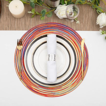 SHACOS Round Braided Placemats Set of 4 Variegated Colorful Placemats for Dining Tables Holiday Party Decor (Rainbow Red, 4)