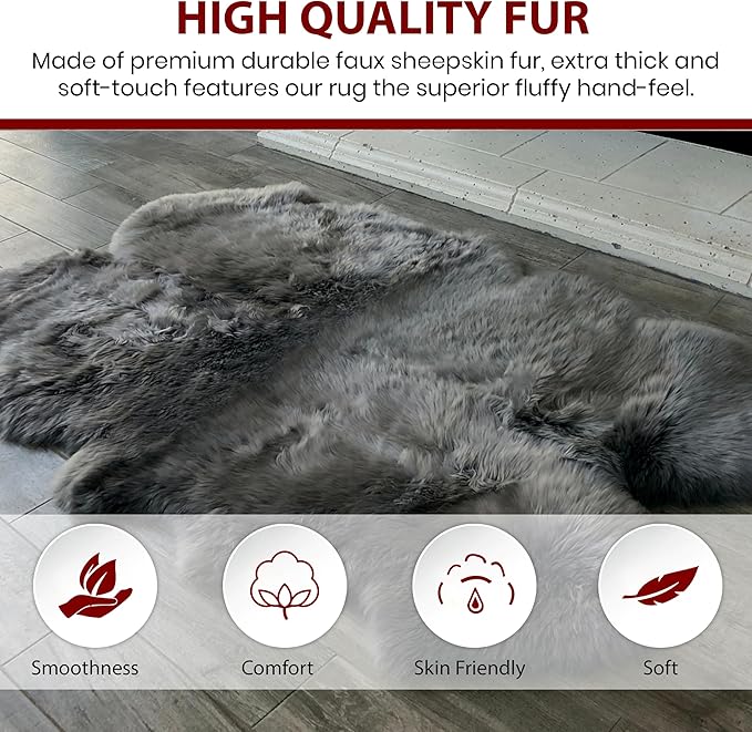 Free Shape Luxury Soft Fluffy Shag Area Rug Octo 8 Pelts 6'x8',180x240 cm - Vegan Fur Ultra Soft Indoor Carpet Nursery Rugs for Bedroom Home Decor, Dark Grey
