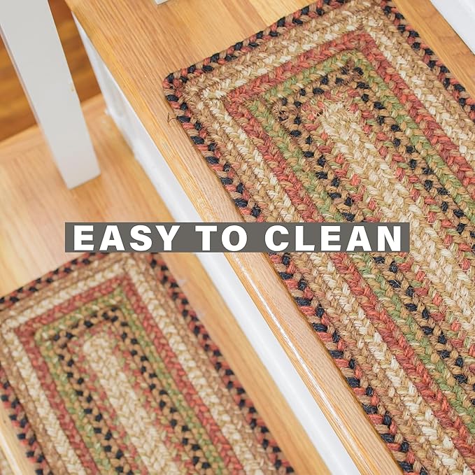 Homespice Gingerbread Jute Braided Stair Treads for Wooden Steps, Warm Country Decor, Set of 13, Brown 8x28 Rectangle Rug for Stairs - Easy to Clean, Tightly Stitched and Durable