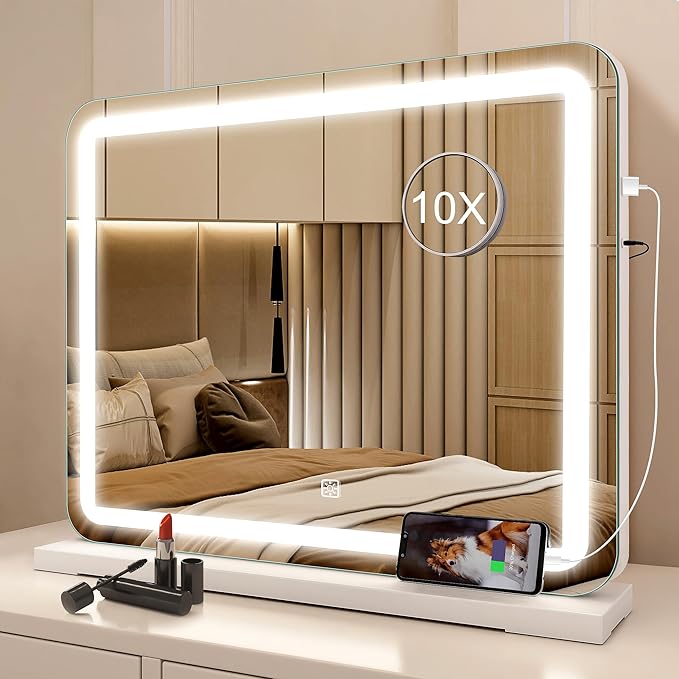 STARLEAD 19" x 14" Makeup Mirror with Lights and 10X Magnification, 3-Color Dimmable LED Lighting & Touch Control, USB Charging Port for Travel/Dressing Room