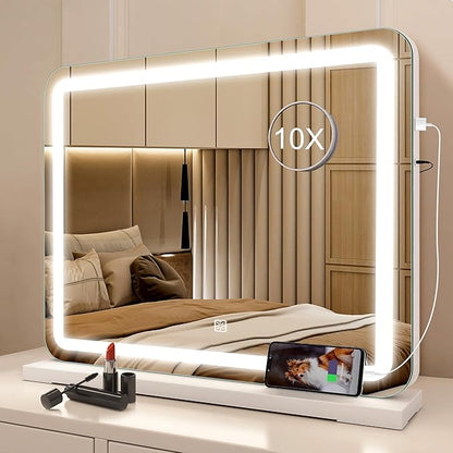 STARLEAD 19" x 14" Makeup Mirror with Lights and 10X Magnification, 3-Color Dimmable LED Lighting & Touch Control, USB Charging Port for Travel/Dressing Room