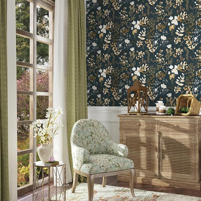 Navy Floral Wallpaper Peel and Stick Boho Wallpaper Vintage Blue/Gold Leaf Contact Paper Waterproof Self Adhesive Modern Wall Paper for Cabinet Walls Kitchen 17.5" x197"