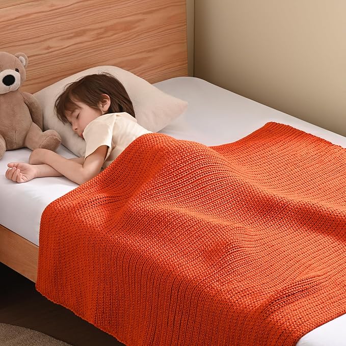 Guohaoi Knitted Weighted Blanket Kids (Orange 36"x48" 3lbs) No Beads Cooling Heavy Blanket, Home Decor Breathable Chunky Knit Throw Blanket for All-Season Use