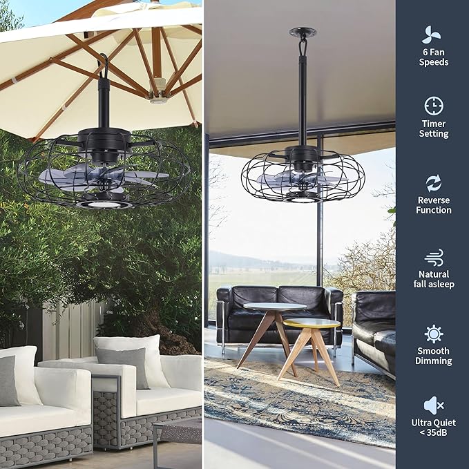 15" Outdoor Ceiling Fan with Light, with Remote and App Remote, IP65 Waterproof Gazebo Hanging Fan, 3CCT Dimmable, Portable Plug in Ceiling Fan with Cord Hook for Patio Porch Pergola Indoor(Black)