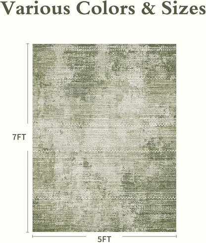 5x7 Area Rugs for Living Room Non Slip Machine Washable Rug Distressed Abstract Soft Indoor Carpet Neutral Boho Rug for Bedroom Dining Room Playroom Office, Green
