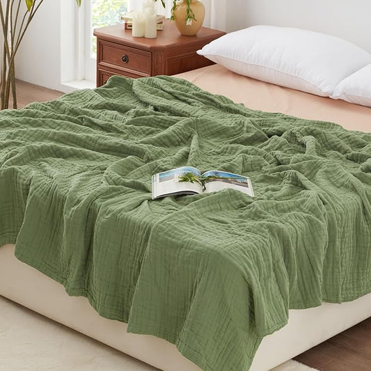 Love's cabin 6 Layer 100% Cotton Muslin Blanket, 90"x90" Muslin Blanket Queen for Couch Bed, Lightweight and Breathable Cotton Gauze for Adult, Sage Green