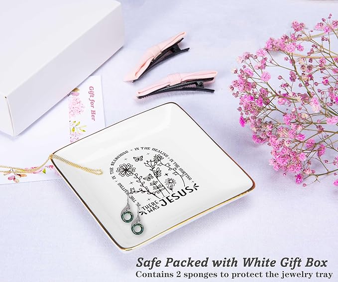 NZY Affirmation Positive Birthday Christmas Gift for Woman,Inspirational Christian Scripture Religious Bible Verse Reminder Gifts for Women-Jewelry Tray Trinket Holder Ring Dish,There Was Jesus