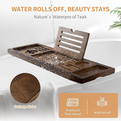 Wood Bathtub Tray Table - Foldable Bath Tray for Tub with Expandable Handles, Wine Glass & Phone Holder, Book Stand - Enhance Home Spa Experience with Natural TeakMaterial, Walnut