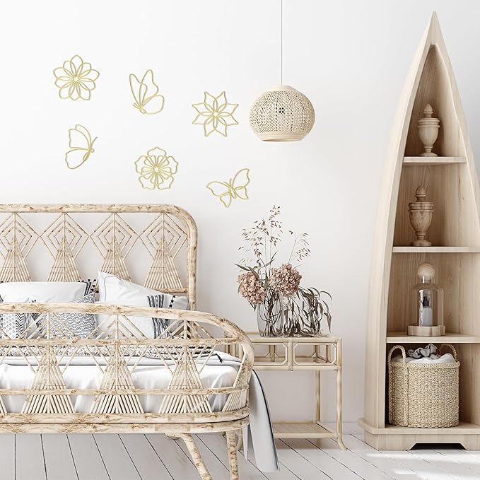 Hotop 6 Pieces Metal Butterfly Wall Decor Metal Wall Art Heart Hanging Decorations Wire Flowers Decals Decor for Kitchen Bathroom Indoor Outdoor Wedding Birthday Party(Stylish,Gold)